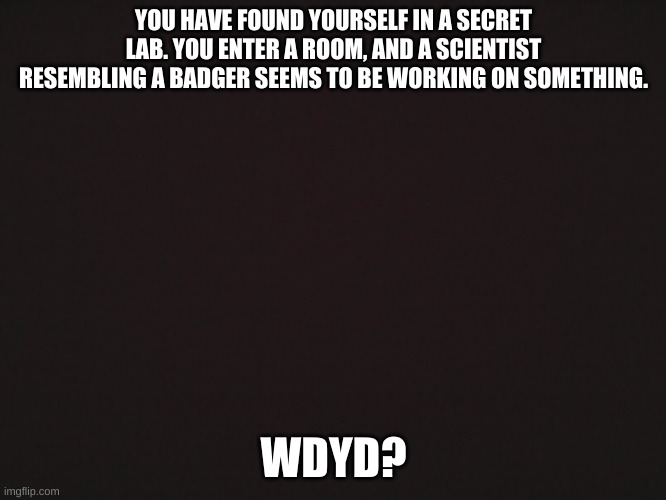 Badgy! | YOU HAVE FOUND YOURSELF IN A SECRET LAB. YOU ENTER A ROOM, AND A SCIENTIST RESEMBLING A BADGER SEEMS TO BE WORKING ON SOMETHING. WDYD? | image tagged in blank template | made w/ Imgflip meme maker