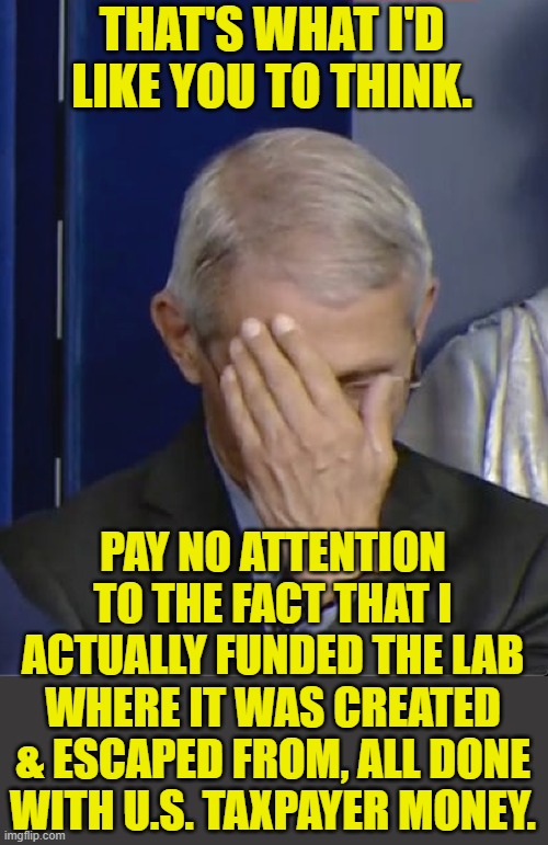 Dr Fauci | THAT'S WHAT I'D LIKE YOU TO THINK. PAY NO ATTENTION TO THE FACT THAT I ACTUALLY FUNDED THE LAB WHERE IT WAS CREATED & ESCAPED FROM, ALL DONE | image tagged in dr fauci | made w/ Imgflip meme maker