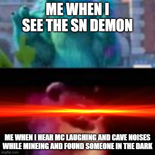 OMG MOJANG SHOULD DELETE THAT!!!!! | ME WHEN I SEE THE SN DEMON; ME WHEN I HEAR MC LAUGHING AND CAVE NOISES WHILE MINEING AND FOUND SOMEONE IN THE DARK | image tagged in minecraft | made w/ Imgflip meme maker