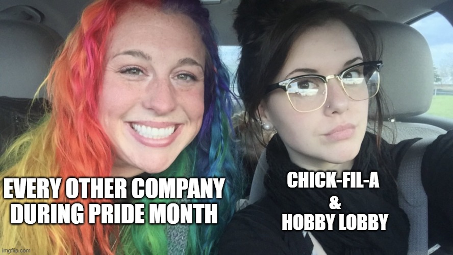 I ain't wrong | CHICK-FIL-A 
&
HOBBY LOBBY; EVERY OTHER COMPANY DURING PRIDE MONTH | image tagged in rainbow hair and goth | made w/ Imgflip meme maker