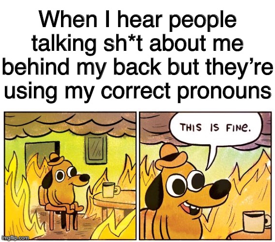 When I hear people talking sh*t about me behind my back but they’re using my correct pronouns | image tagged in memes,this is fine,lgbtq,lgbt,transgender,trans | made w/ Imgflip meme maker