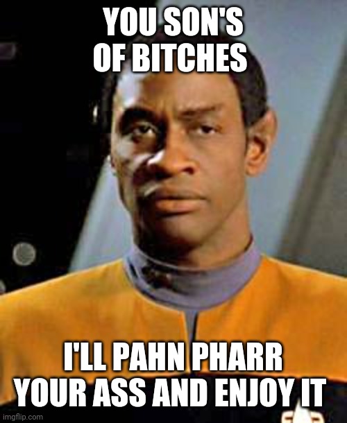Irrelevant Tuvok | YOU SON'S OF BITCHES I'LL PAHN PHARR YOUR ASS AND ENJOY IT | image tagged in irrelevant tuvok | made w/ Imgflip meme maker