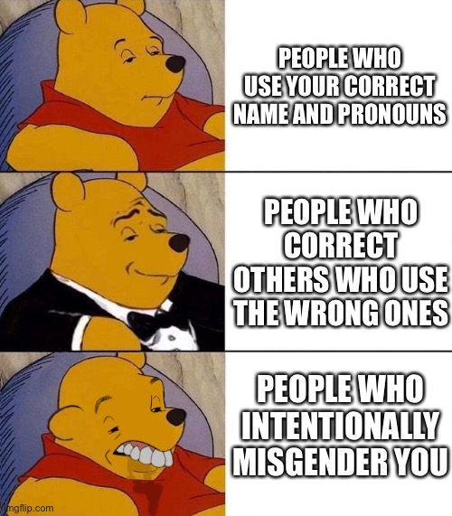 Best,Better, Blurst | PEOPLE WHO USE YOUR CORRECT NAME AND PRONOUNS; PEOPLE WHO CORRECT OTHERS WHO USE THE WRONG ONES; PEOPLE WHO INTENTIONALLY MISGENDER YOU | image tagged in best better blurst,transgender,trans,transphobic,lgbtq,lgbt | made w/ Imgflip meme maker
