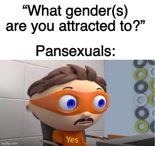 “What gender(s) are you attracted to?”; Pansexuals: | image tagged in blank white template,protegent yes,pansexual,lgbtq,lgbt,pan | made w/ Imgflip meme maker