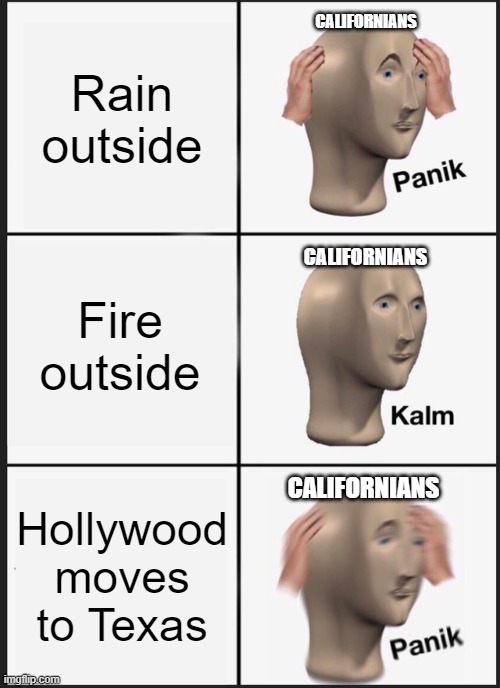 B R U H | Rain outside; CALIFORNIANS; Fire outside; CALIFORNIANS; CALIFORNIANS; Hollywood moves to Texas | image tagged in memes,panik kalm panik | made w/ Imgflip meme maker