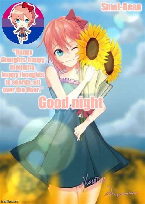 Sayori Temp (Made by Waffles, thank you :3) | Good night | image tagged in sayori temp made by waffles thank you 3 | made w/ Imgflip meme maker