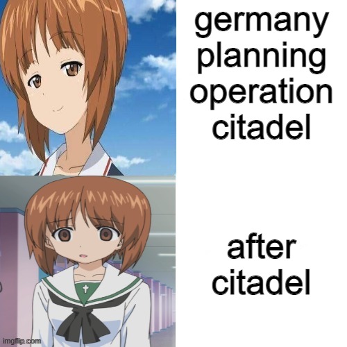 ptsd go brrrrrrrrrrrrrrrrrrrrrrrrrrrrrrrr | germany planning operation citadel; after citadel | image tagged in girls und panzer,memes,history memes,ww2 | made w/ Imgflip meme maker
