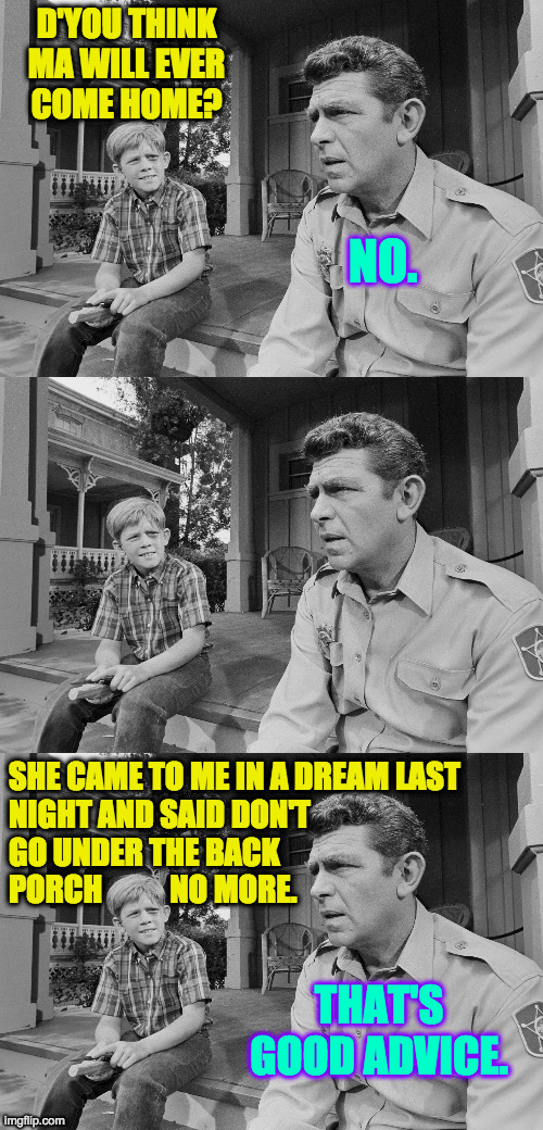 It's good to be the sheriff. | D'YOU THINK
MA WILL EVER
COME HOME? NO. SHE CAME TO ME IN A DREAM LAST
NIGHT AND SAID DON'T
GO UNDER THE BACK
PORCH           NO MORE. THAT'S GOOD ADVICE. | image tagged in memes,andy and opie,secrets | made w/ Imgflip meme maker