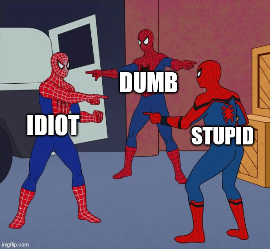 huh | DUMB; IDIOT; STUPID | image tagged in spider man triple | made w/ Imgflip meme maker