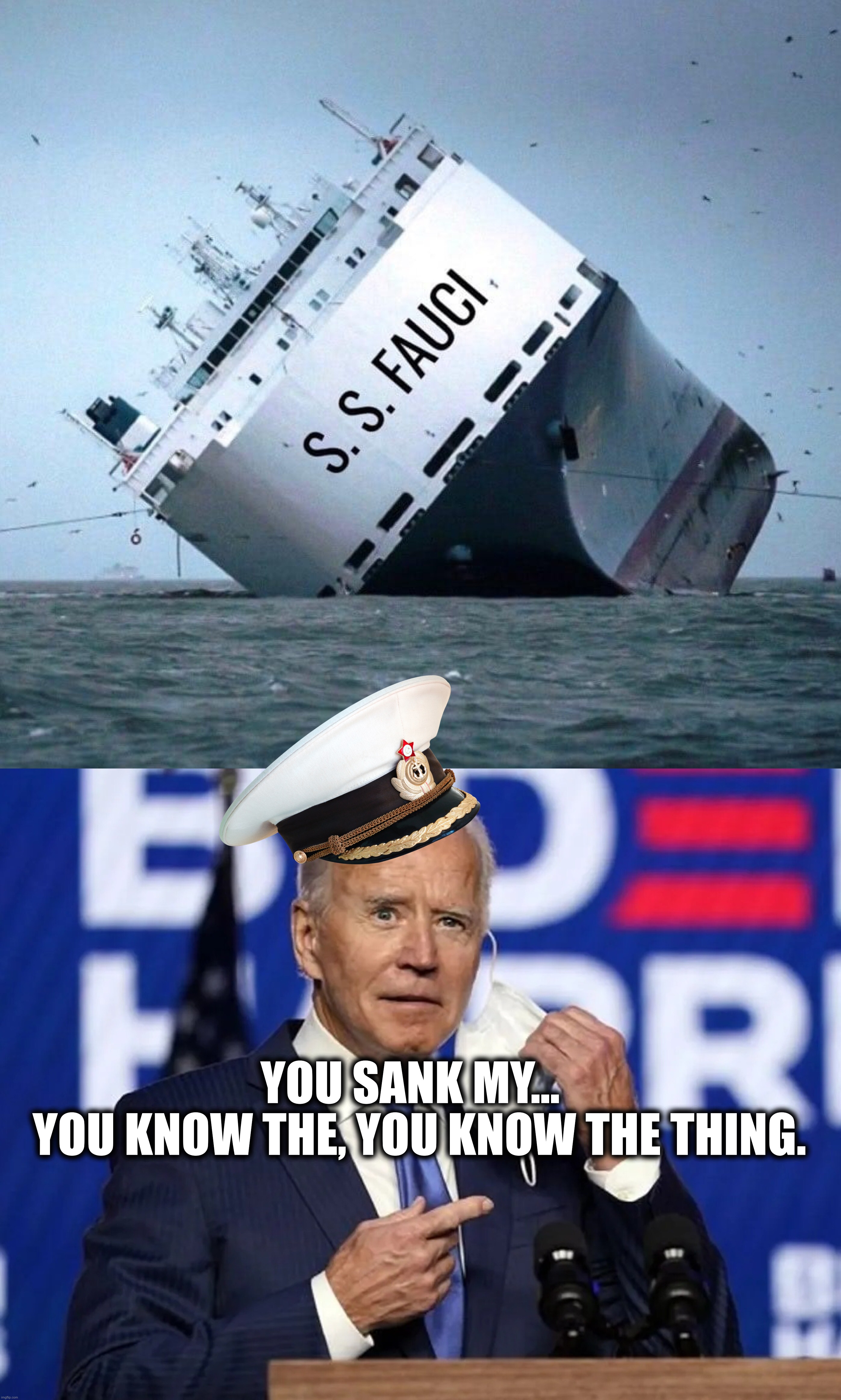 You sank my battleship… | YOU SANK MY…  
YOU KNOW THE, YOU KNOW THE THING. | image tagged in joe biden,dr fauci,fauci,covid-19,pandemic,fraud | made w/ Imgflip meme maker