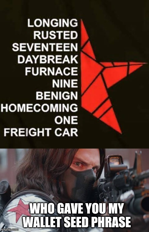 Wintersoldier | WHO GAVE YOU MY WALLET SEED PHRASE | image tagged in marvel,winter soldier,captain america,cryptocurrency,crypto | made w/ Imgflip meme maker