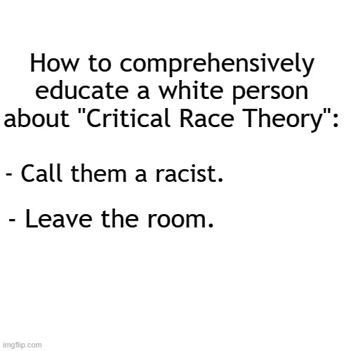 It's that simple, you racisty racist!! | How to comprehensively educate a white person about "Critical Race Theory":; - Call them a racist. - Leave the room. | image tagged in memes,blank transparent square,race,racist,racism | made w/ Imgflip meme maker