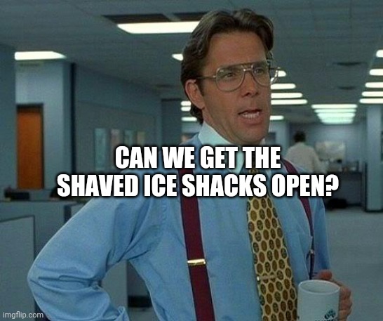 record heat | CAN WE GET THE SHAVED ICE SHACKS OPEN? | image tagged in memes,that would be great | made w/ Imgflip meme maker