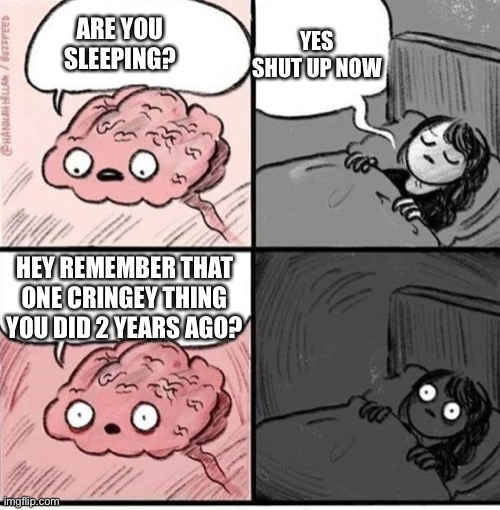 Trying to sleep | ARE YOU SLEEPING? YES SHUT UP NOW; HEY REMEMBER THAT ONE CRINGEY THING YOU DID 2 YEARS AGO? | image tagged in trying to sleep | made w/ Imgflip meme maker
