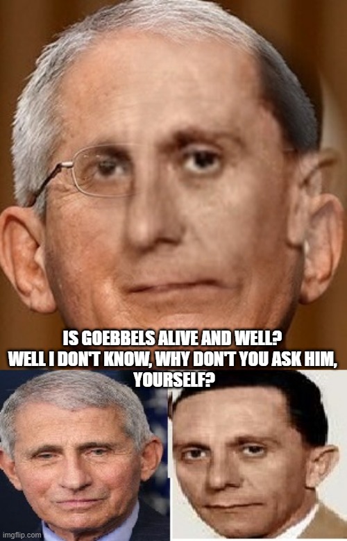 IS GOEBBELS ALIVE AND WELL? 
WELL I DON'T KNOW, WHY DON'T YOU ASK HIM, 
YOURSELF? | made w/ Imgflip meme maker