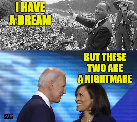 Dream/Nightmare |  I HAVE A DREAM; BUT THESE TWO ARE A NIGHTMARE | image tagged in martin luther king,funny,biden,harris,i have a dream | made w/ Imgflip meme maker