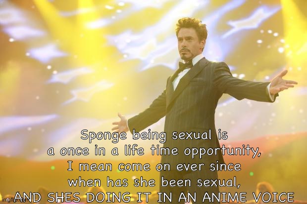 SCREEEEEEE comment on the image!! | Sponge being sexual is a once in a life time opportunity, I mean come on ever since when has she been sexual, AND SHES DOING IT IN AN ANIME VOICE | image tagged in tony stark success | made w/ Imgflip meme maker