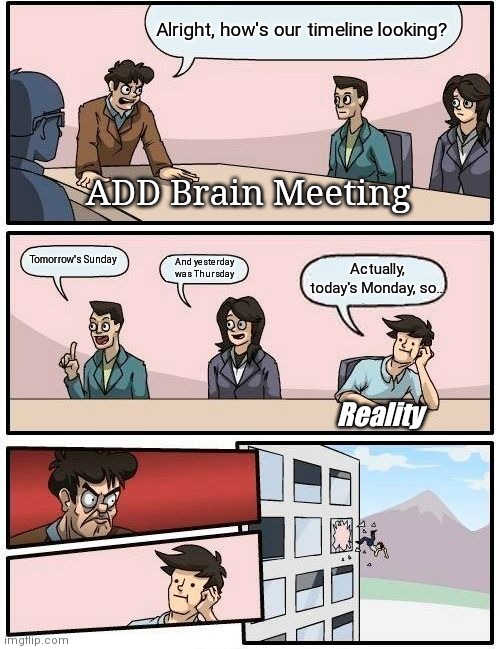 ADD Brain Meeting | Alright, how's our timeline looking? ADD Brain Meeting; Tomorrow's Sunday; And yesterday was Thursday; Actually, today's Monday, so... Reality | image tagged in memes,boardroom meeting suggestion | made w/ Imgflip meme maker