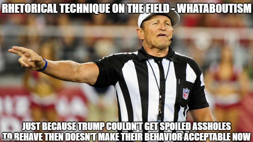 Logical Fallacy Referee | RHETORICAL TECHNIQUE ON THE FIELD - WHATABOUTISM JUST BECAUSE TRUMP COULDN'T GET SPOILED ASSHOLES TO BEHAVE THEN DOESN'T MAKE THEIR BEHAVIOR | image tagged in logical fallacy referee | made w/ Imgflip meme maker