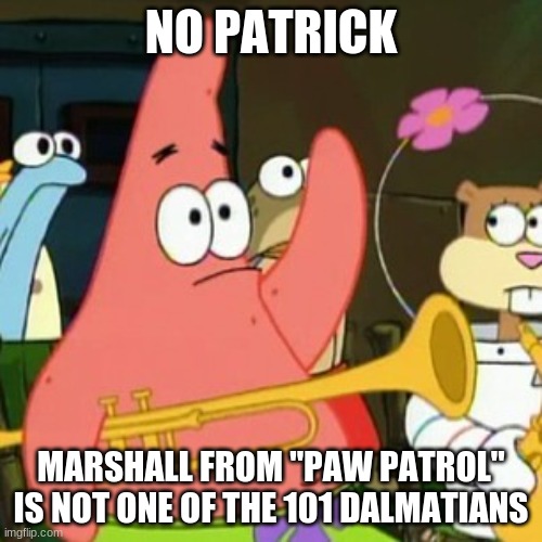 Not sure if anyone else thought the same thing. | NO PATRICK; MARSHALL FROM "PAW PATROL" IS NOT ONE OF THE 101 DALMATIANS | image tagged in memes,no patrick,paw patrol,101 dalmatians,nickelodeon,disney | made w/ Imgflip meme maker