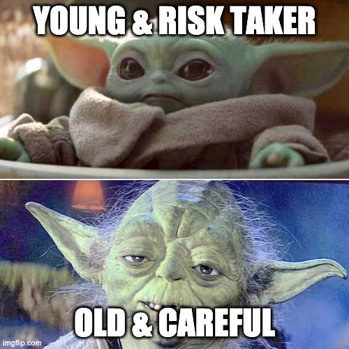 Baby Yoda Vs Old Yoda | YOUNG & RISK TAKER; OLD & CAREFUL | image tagged in baby yoda vs old yoda | made w/ Imgflip meme maker