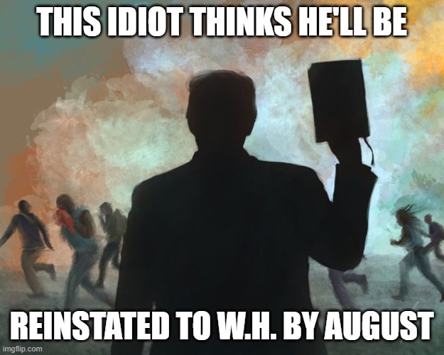 Trump's delusions becoming more insane by the day... | THIS IDIOT THINKS HE'LL BE; REINSTATED TO W.H. BY AUGUST | image tagged in trump,the big lie,election 2020,loser,gop fraud,government corruption | made w/ Imgflip meme maker