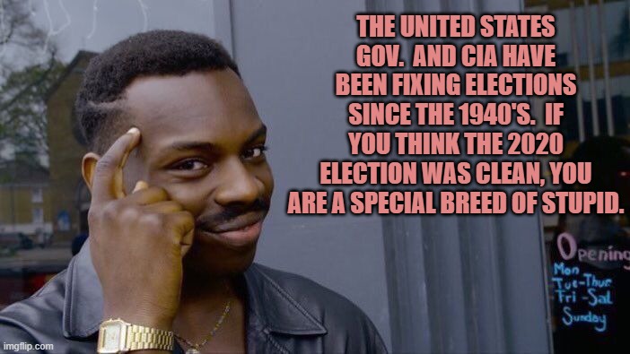 Roll Safe Think About It | THE UNITED STATES GOV.  AND CIA HAVE BEEN FIXING ELECTIONS SINCE THE 1940'S.  IF YOU THINK THE 2020 ELECTION WAS CLEAN, YOU ARE A SPECIAL BREED OF STUPID. | image tagged in memes,roll safe think about it | made w/ Imgflip meme maker