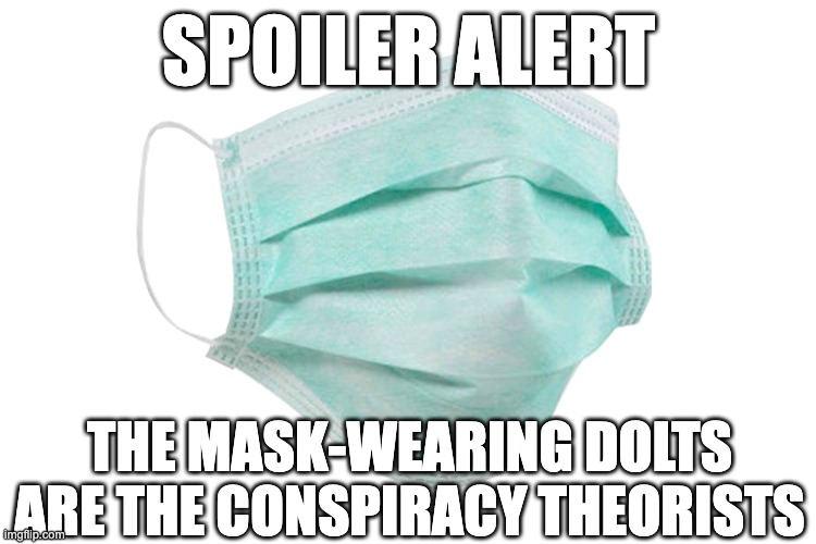 Maskholes | SPOILER ALERT; THE MASK-WEARING DOLTS ARE THE CONSPIRACY THEORISTS | image tagged in face mask | made w/ Imgflip meme maker