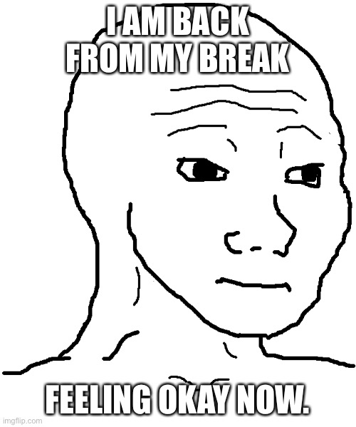 wojak | I AM BACK FROM MY BREAK; FEELING OKAY NOW. | image tagged in wojak | made w/ Imgflip meme maker