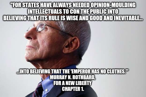 fauci snub | "FOR STATES HAVE ALWAYS NEEDED OPINION-MOULDING INTELLECTUALS TO CON THE PUBLIC INTO BELIEVING THAT ITS RULE IS WISE AND GOOD AND INEVITABLE... ...INTO BELIEVING THAT THE 'EMPEROR HAS NO CLOTHES.'" 
MURRAY N. ROTHBARD, 
FOR A NEW LIBERTY 
CHAPTER 1. | image tagged in fauci,email,covid-19,coronavirus,mask,facemask | made w/ Imgflip meme maker