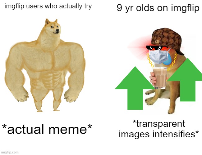 Buff Doge vs. Cheems | imgflip users who actually try; 9 yr olds on imgflip; *actual meme*; *transparent images intensifies* | image tagged in memes,buff doge vs cheems | made w/ Imgflip meme maker