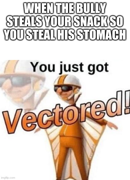 aint gonna eat anything anymore stupid | WHEN THE BULLY STEALS YOUR SNACK SO YOU STEAL HIS STOMACH | image tagged in you just got vectored | made w/ Imgflip meme maker