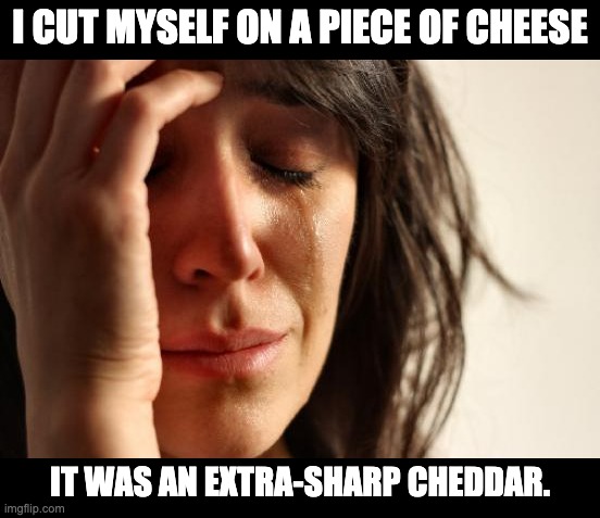 Sharp | I CUT MYSELF ON A PIECE OF CHEESE; IT WAS AN EXTRA-SHARP CHEDDAR. | image tagged in memes,first world problems | made w/ Imgflip meme maker