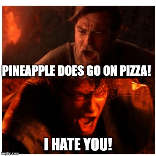The Age Old Arguement | PINEAPPLE DOES GO ON PIZZA! I HATE YOU! | image tagged in you were the chosen one blank | made w/ Imgflip meme maker