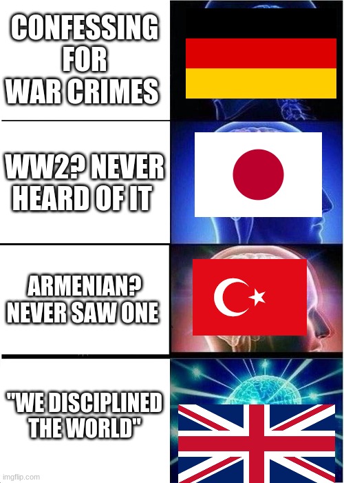 This is a Joke don't take it seriously... | CONFESSING FOR WAR CRIMES; WW2? NEVER HEARD OF IT; ARMENIAN? NEVER SAW ONE; "WE DISCIPLINED THE WORLD" | image tagged in memes,expanding brain | made w/ Imgflip meme maker