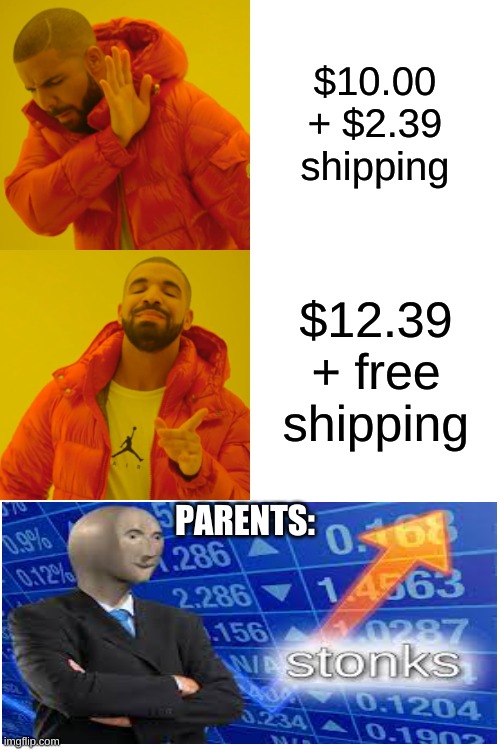 Drake Hotline Bling | $10.00
+ $2.39 shipping; $12.39
+ free shipping; PARENTS: | image tagged in memes,drake hotline bling | made w/ Imgflip meme maker