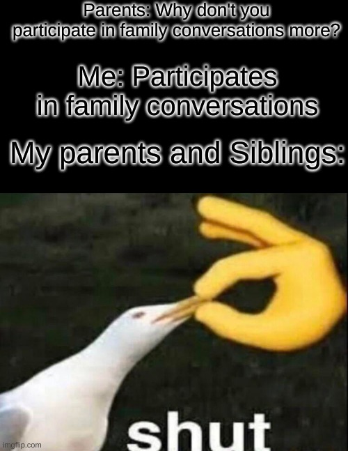 And then they wonder why we don't again |  Parents: Why don't you participate in family conversations more? Me: Participates in family conversations; My parents and Siblings: | image tagged in shut | made w/ Imgflip meme maker