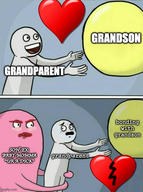 The downside of grandparenting | GRANDSON; GRANDPARENT; bonding with grandson; SON' EX:
BABY-MOMMA "UR A DICK"; grandparent | image tagged in memes,running away balloon,grandchildren | made w/ Imgflip meme maker