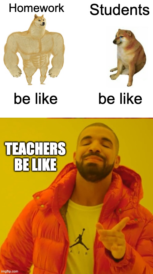 School be like | Homework; Students; be like; be like; TEACHERS BE LIKE | image tagged in memes,buff doge vs cheems,drake hotline bling | made w/ Imgflip meme maker
