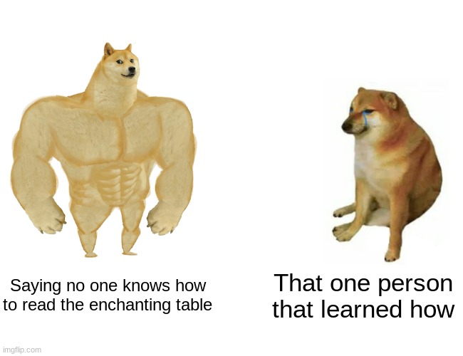 Buff Doge vs. Cheems Meme | Saying no one knows how to read the enchanting table That one person that learned how | image tagged in memes,buff doge vs cheems | made w/ Imgflip meme maker