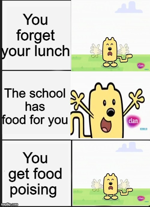 School Food is unsafe most of the time | You forget your lunch; The school has food for you; You get food poising | image tagged in wubbzy panik kalm panik,school,food | made w/ Imgflip meme maker