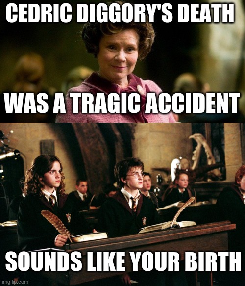 CEDRIC DIGGORY'S DEATH; WAS A TRAGIC ACCIDENT; SOUNDS LIKE YOUR BIRTH | made w/ Imgflip meme maker