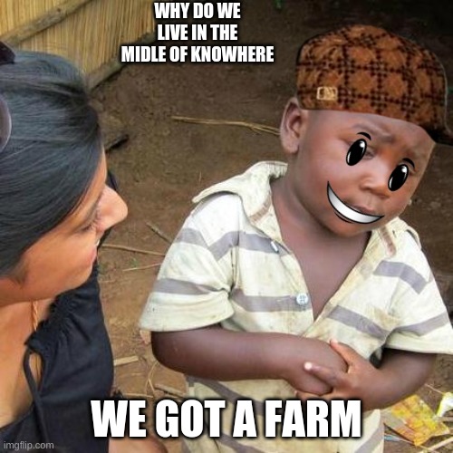 the creepy kid |  WHY DO WE LIVE IN THE MIDLE OF KNOWHERE; WE GOT A FARM | image tagged in memes,third world skeptical kid,creepy | made w/ Imgflip meme maker
