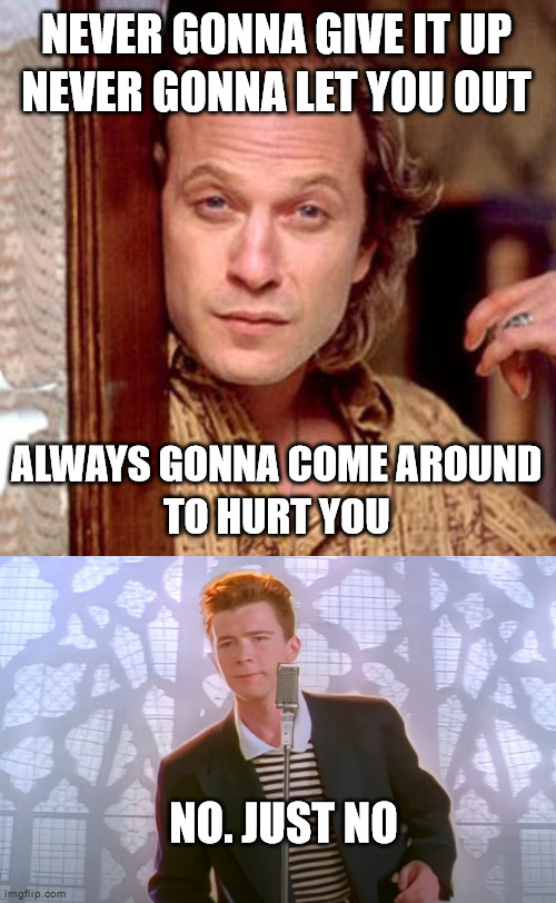 I hate this | NEVER GONNA GIVE IT UP
NEVER GONNA LET YOU OUT; ALWAYS GONNA COME AROUND
TO HURT YOU; NO. JUST NO | image tagged in buffalo bill silence of the lambs,rickroll | made w/ Imgflip meme maker