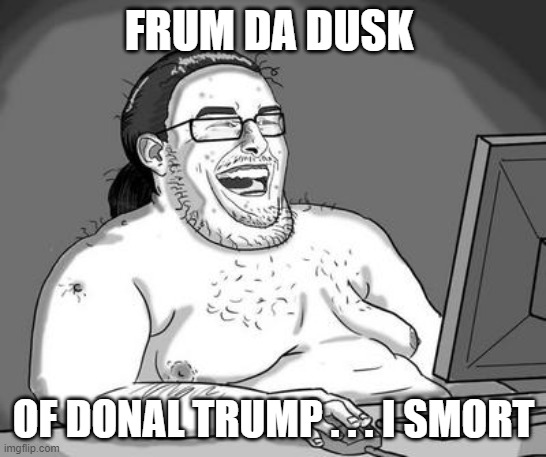 Basement dweller | FRUM DA DUSK OF DONAL TRUMP . . . I SMORT | image tagged in basement dweller | made w/ Imgflip meme maker
