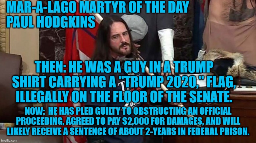 Two years in Federal Prison, and he didn't even "Stop The Steal." | MAR-A-LAGO MARTYR OF THE DAY
PAUL HODGKINS; THEN: HE WAS A GUY IN A TRUMP SHIRT CARRYING A "TRUMP 2020," FLAG, ILLEGALLY ON THE FLOOR OF THE SENATE. NOW:  HE HAS PLED GUILTY TO OBSTRUCTING AN OFFICIAL PROCEEDING, AGREED TO PAY $2,000 FOR DAMAGES, AND WILL LIKELY RECEIVE A SENTENCE OF ABOUT 2-YEARS IN FEDERAL PRISON. | image tagged in politics | made w/ Imgflip meme maker