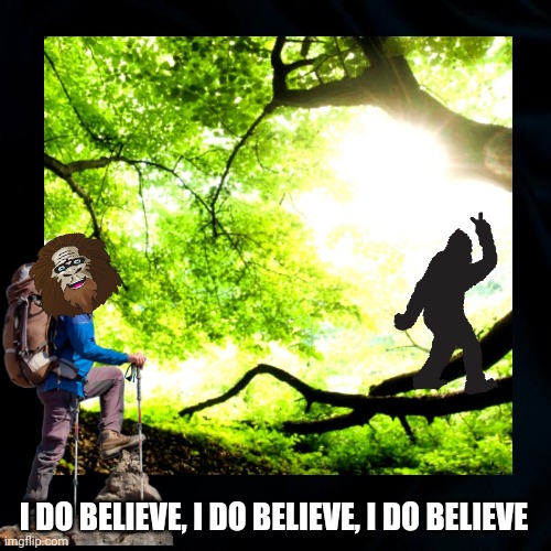 Bigfoot Lives ! | I DO BELIEVE, I DO BELIEVE, I DO BELIEVE | image tagged in bigfoot,bigfoot sighting,hiking,woods,funny memes,fun | made w/ Imgflip meme maker