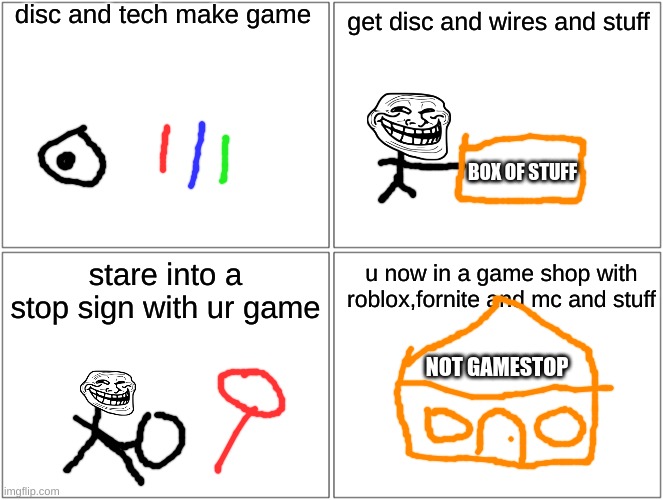 did you get it | disc and tech make game; get disc and wires and stuff; BOX OF STUFF; stare into a stop sign with ur game; u now in a game shop with roblox,fornite and mc and stuff; NOT GAMESTOP | image tagged in memes,blank comic panel 2x2 | made w/ Imgflip meme maker