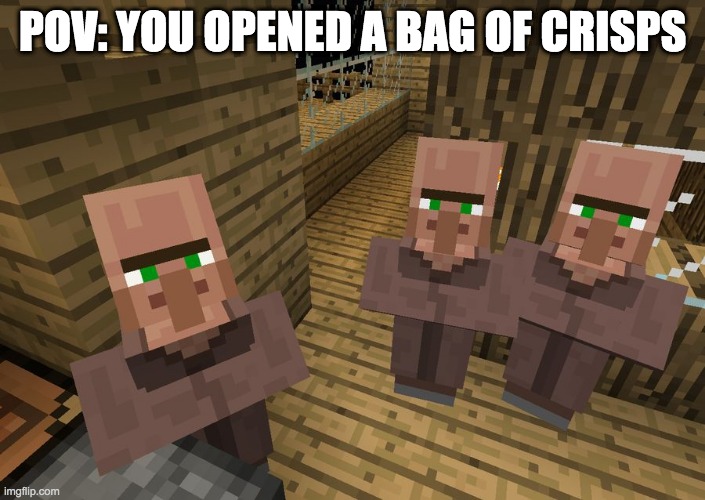 POV: You opened a bag of crisps | POV: YOU OPENED A BAG OF CRISPS | image tagged in minecraft villagers | made w/ Imgflip meme maker