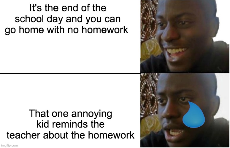 *sad noises* | It's the end of the school day and you can go home with no homework; That one annoying kid reminds the teacher about the homework | image tagged in disappointed black guy | made w/ Imgflip meme maker